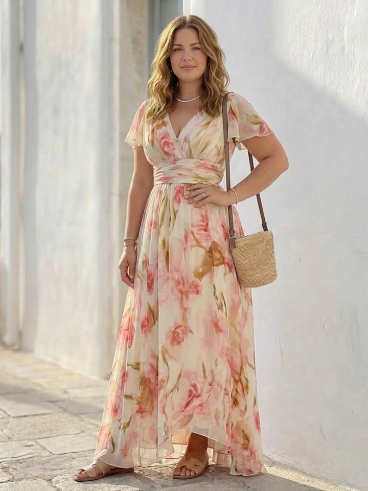 Leona | V-hals Korte Mouw Bloemen Maxi Jurk