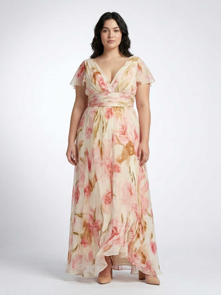 Leona | V-hals Korte Mouw Bloemen Maxi Jurk
