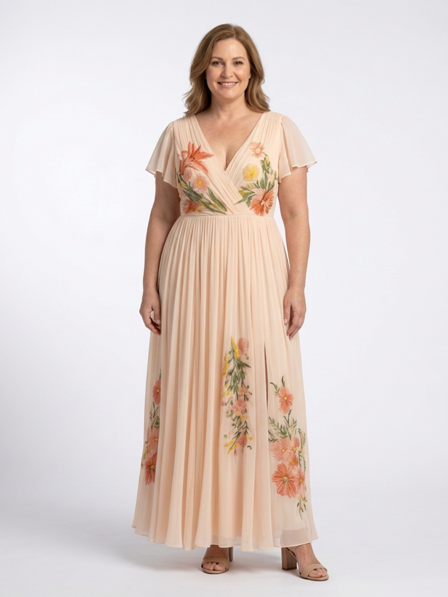 Cerys | V-hals Korte Mouw Plissé Bloemen Maxi Jurk
