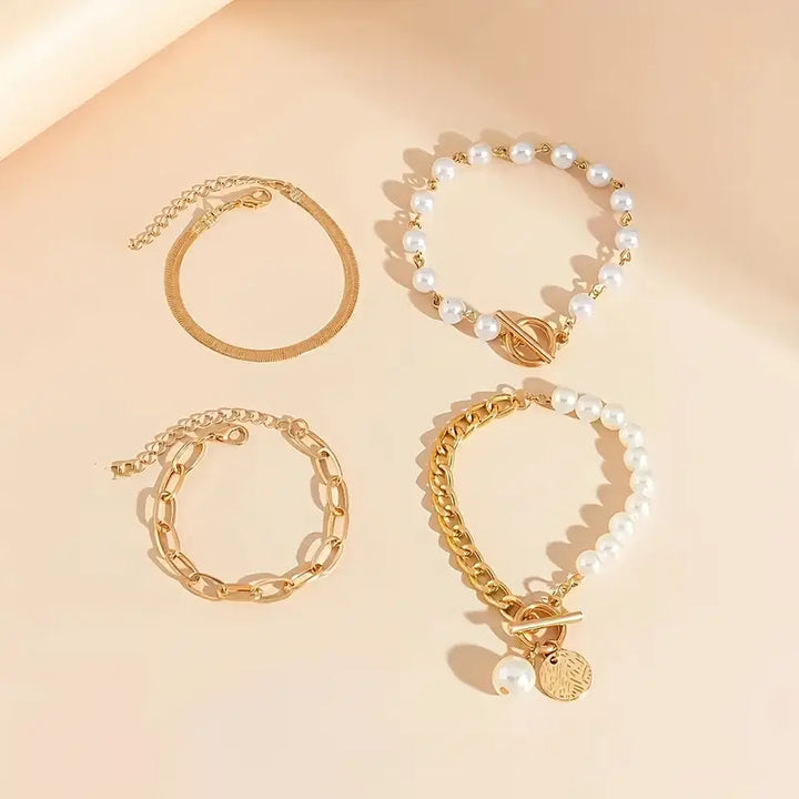 Fauna Gold 4-delige Armband Set - Slang, Parels &amp; Schakels | Goud