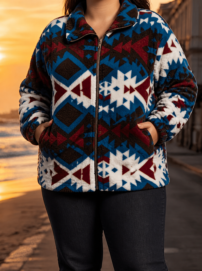 Dames Sherpa Jas met Azteekse Print en Rits