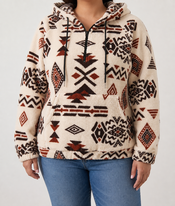 Dames Pluche Hoodie met Azteekse Print en Halve Rits