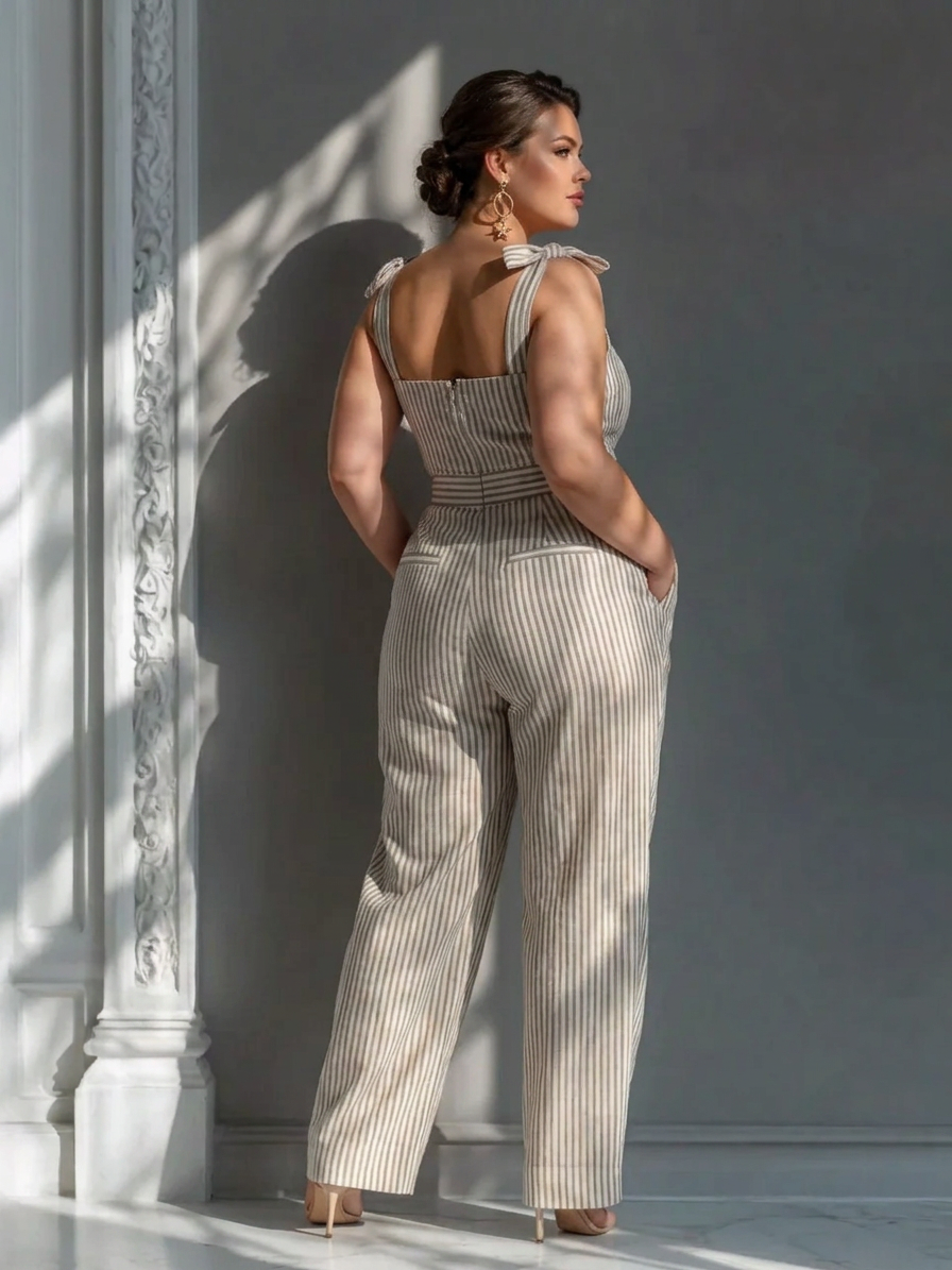 Gwendolyn - Beige Gestreepte Linnenmix Jumpsuit met Schouderbandjes