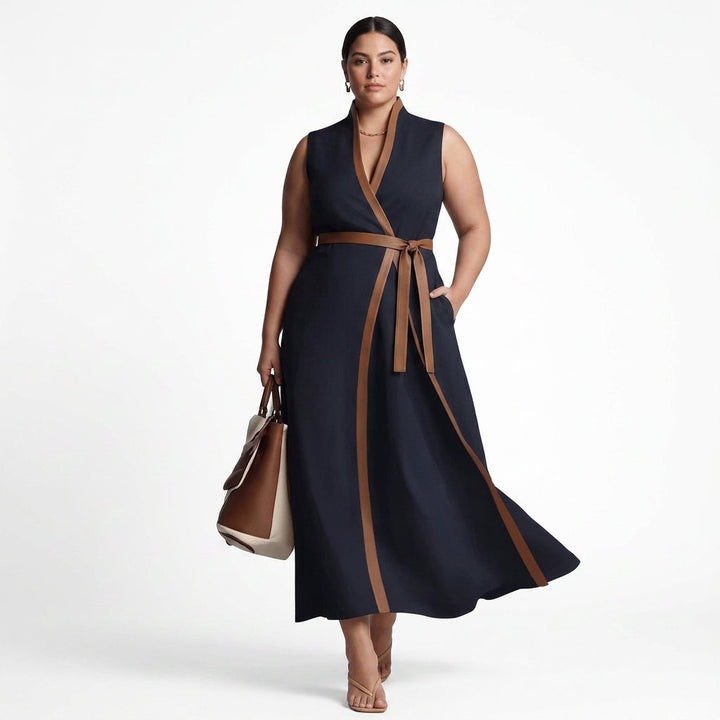 Delphine Contrast Mouwloze Jurk: Moeiteloze Kantoor Elegantie