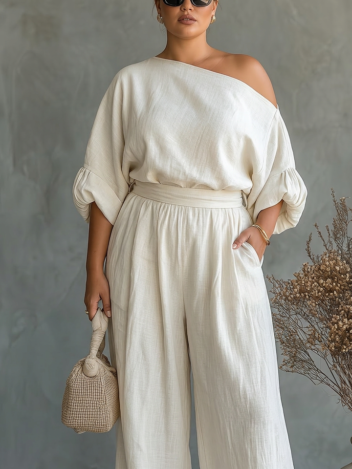 Dames Off-White Set met Off-Shoulder Top en Tapered Broek