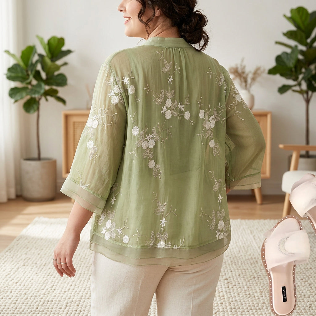 Delia | Elegante Top met Geborduurde Bloemen
