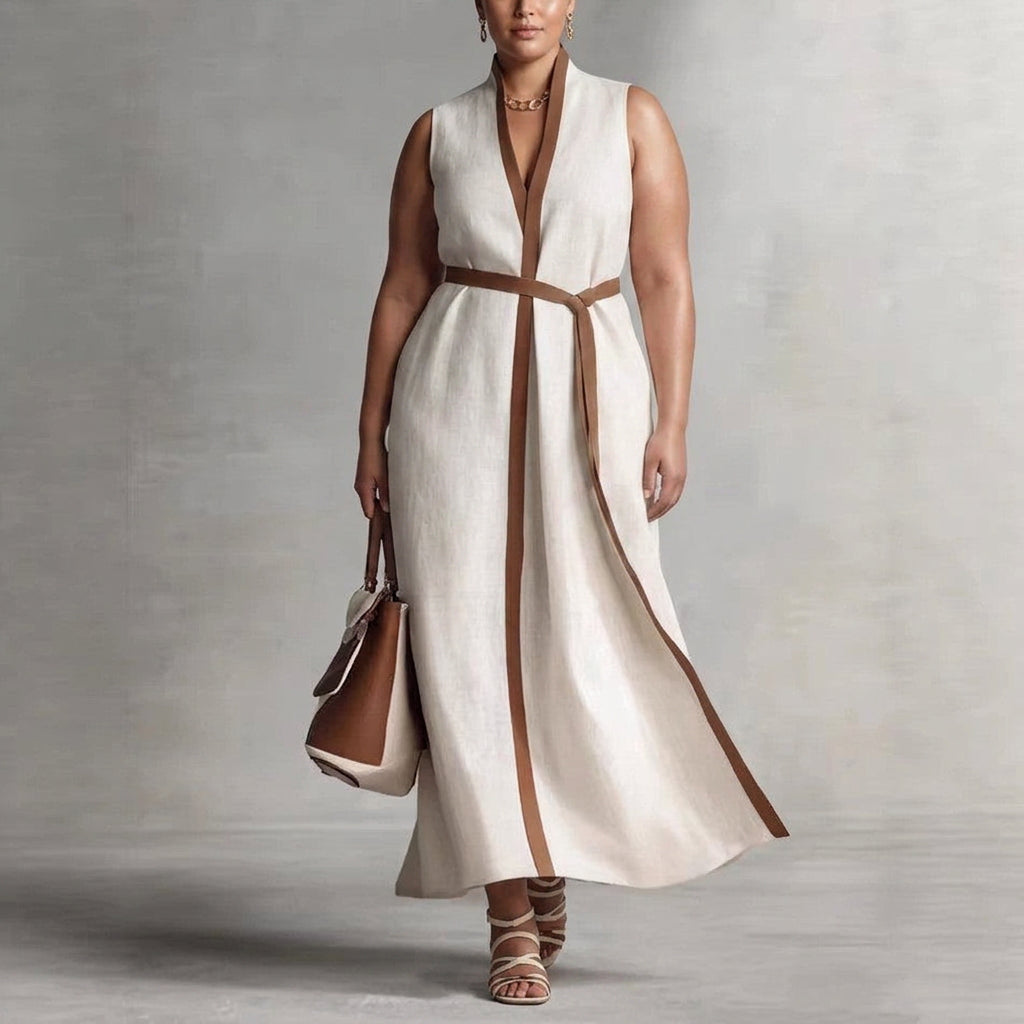 Delphine Contrast Mouwloze Jurk: Moeiteloze Kantoor Elegantie