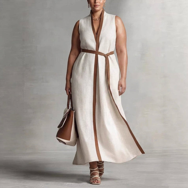 Delphine Contrast Mouwloze Jurk: Moeiteloze Kantoor Elegantie