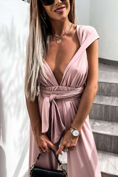 Edith - Effen Kleur Slim V-Hals Lace-Up Mouwloze Jumpsuit