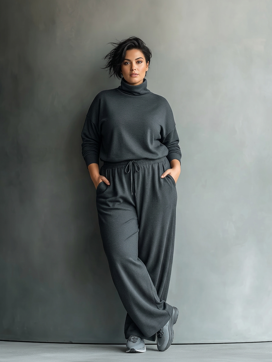 Dames Charcoal Breiset met Hoge Hals en Wijde Broek