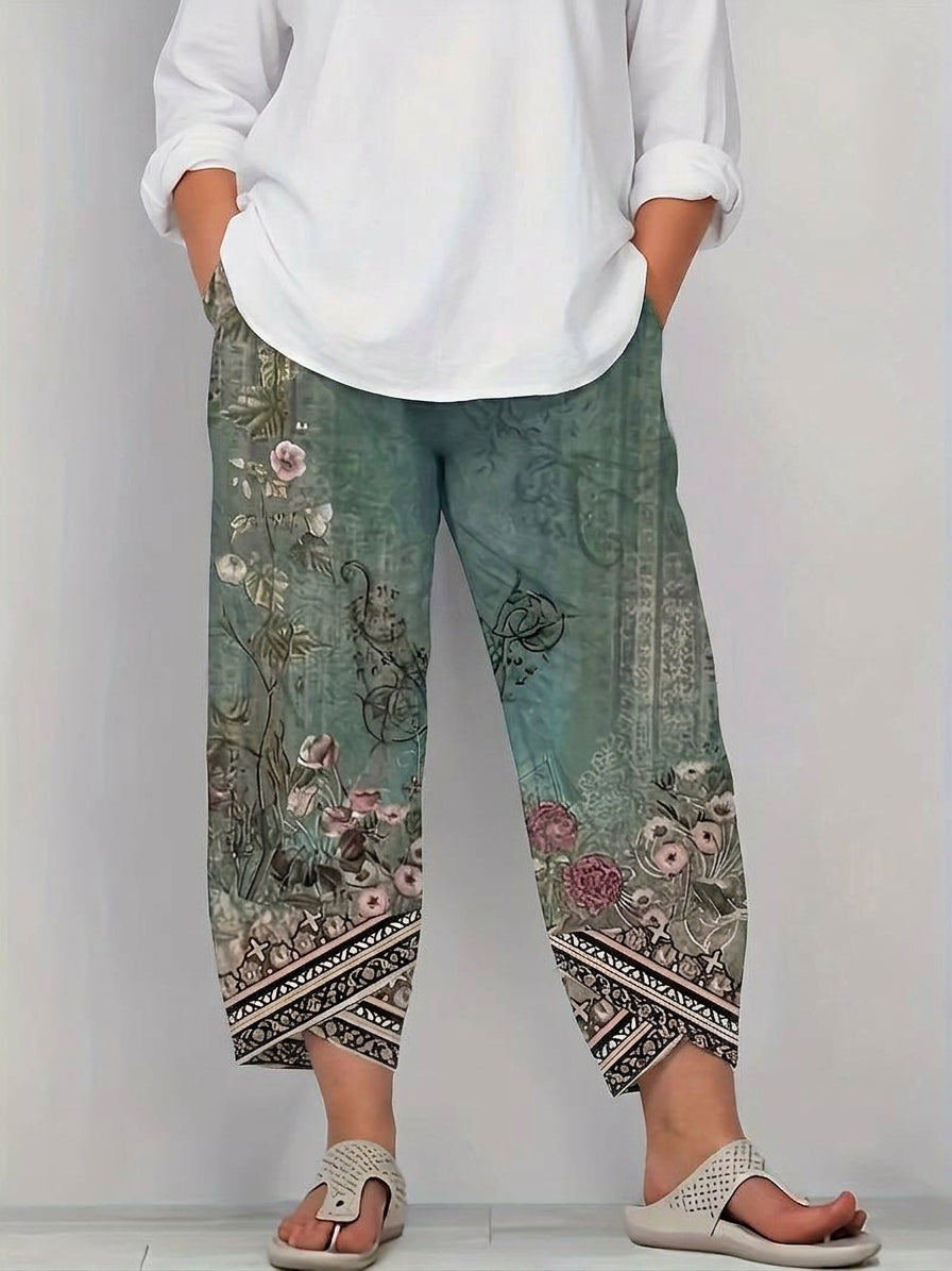Olwen | Vintage Bloemen Capri Broek Met Elastische Taille