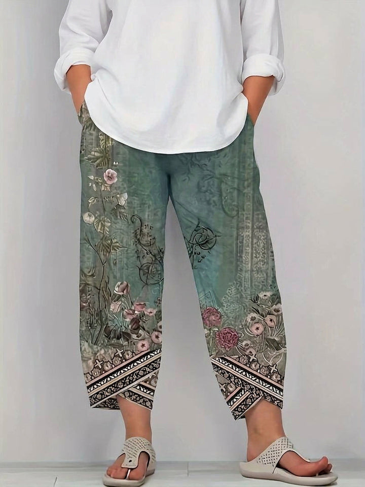 Olwen | Vintage Bloemen Capri Broek Met Elastische Taille