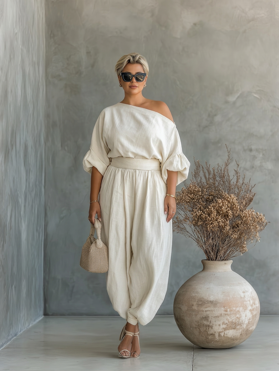 Dames Off-White Set met Off-Shoulder Top en Tapered Broek