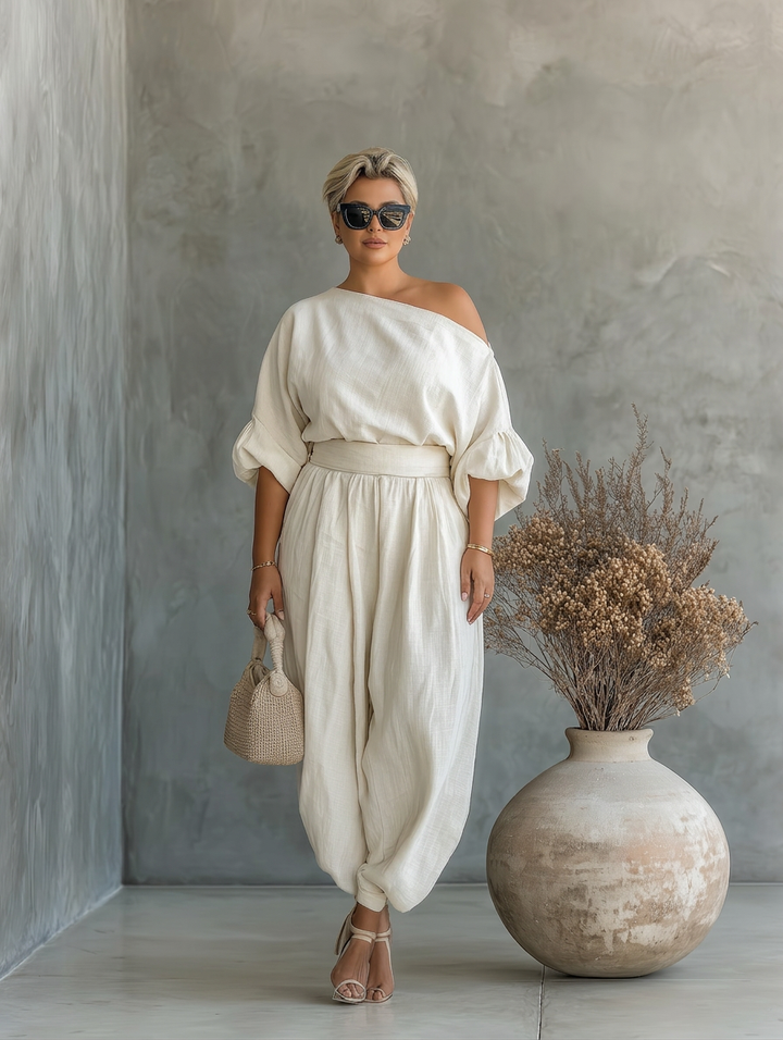 Dames Off-White Set met Off-Shoulder Top en Tapered Broek