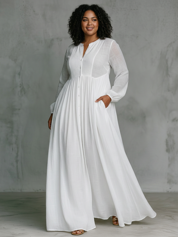 Vera - Maxi Minimalistische Jurk met Patchwork, Hoge Kraag en Lange Mouwen