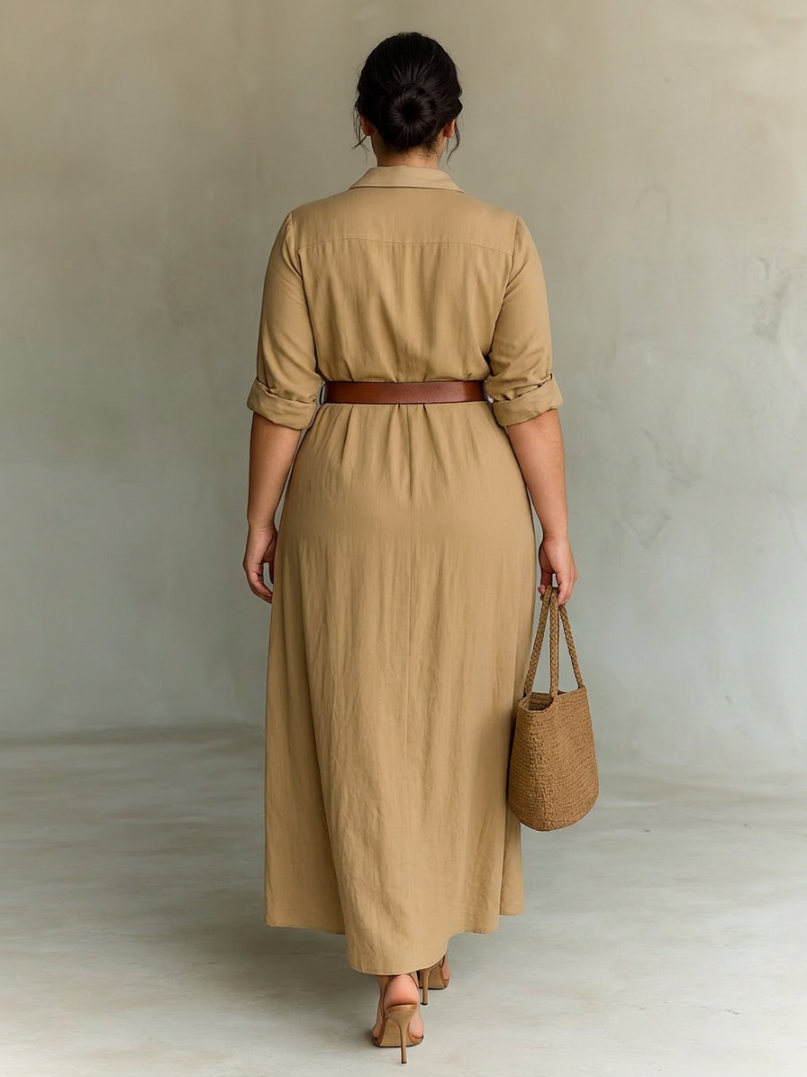 Lange Maxi Jurk met Ingesneden Kraag en Lange Mouwen voor Vrouwen