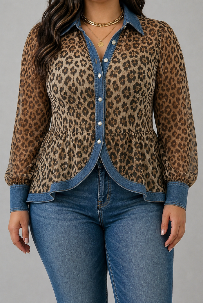 Dames Langgerekte Jas met Luipaardprint en Denim Details