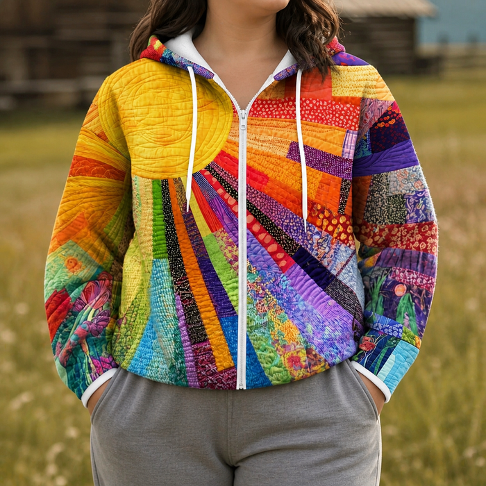 Dames Hoodie met Rits Patchwork Zonnestraal Print