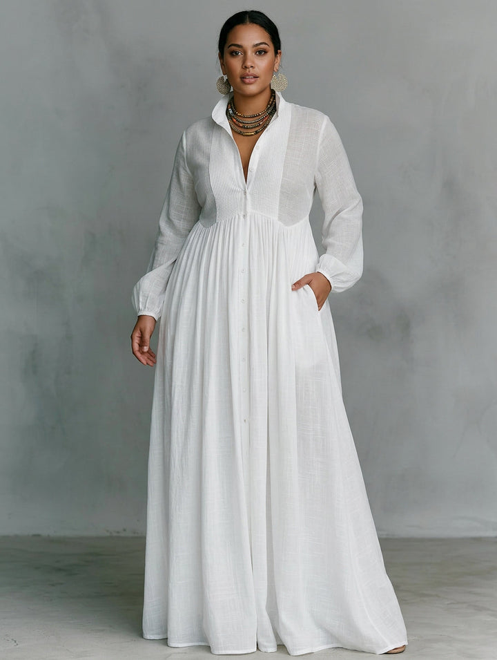 Sylvie | Witte Vloeiende Maxi-jurk met Knopen