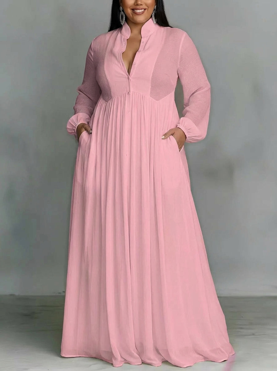 Edith | Roze Vloeiende Maxi Jurk met Knopen