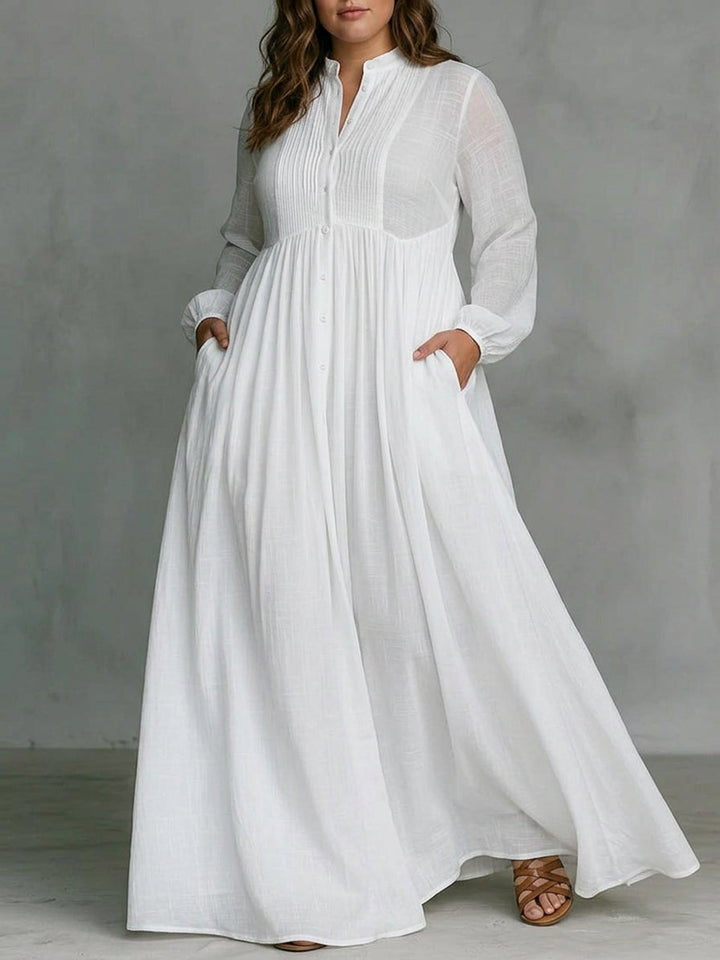 Sylvie | Witte Vloeiende Maxi-jurk met Knopen