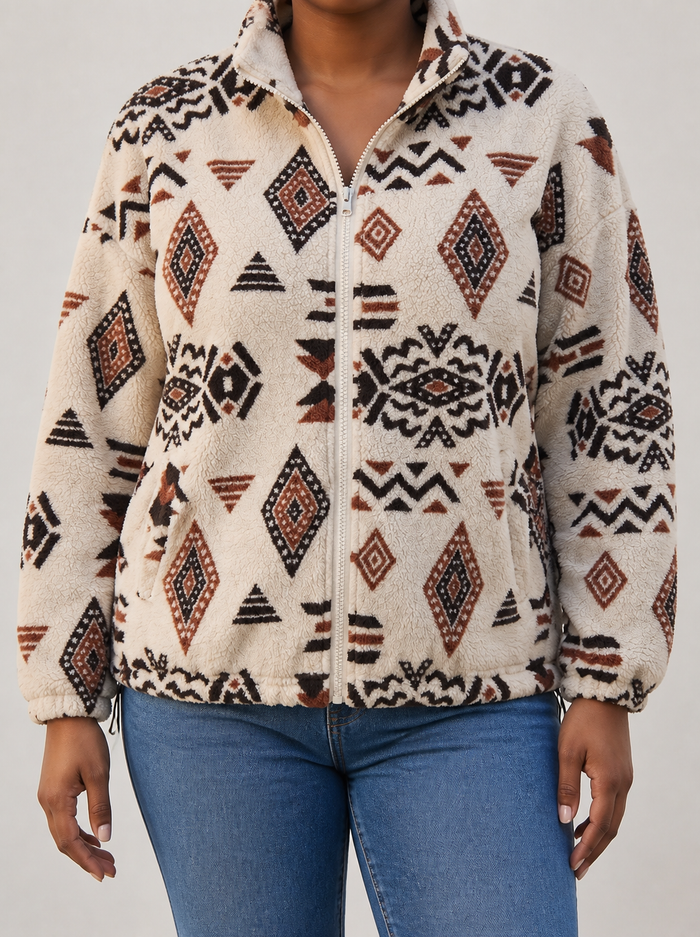Dames Sherpa Bomberjack met Azteekse Print en Ritssluiting