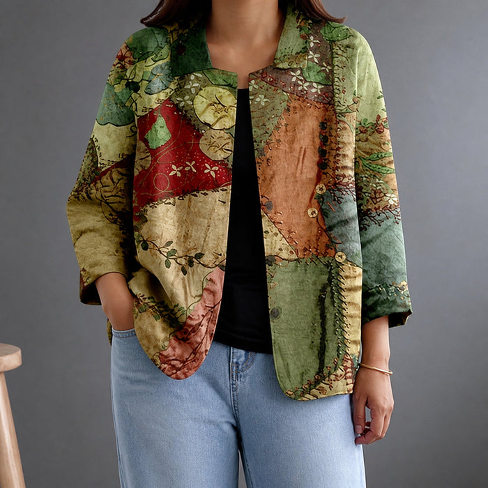 Dames Open Shirt met Patchwork Print en Ontspannen Pasvorm