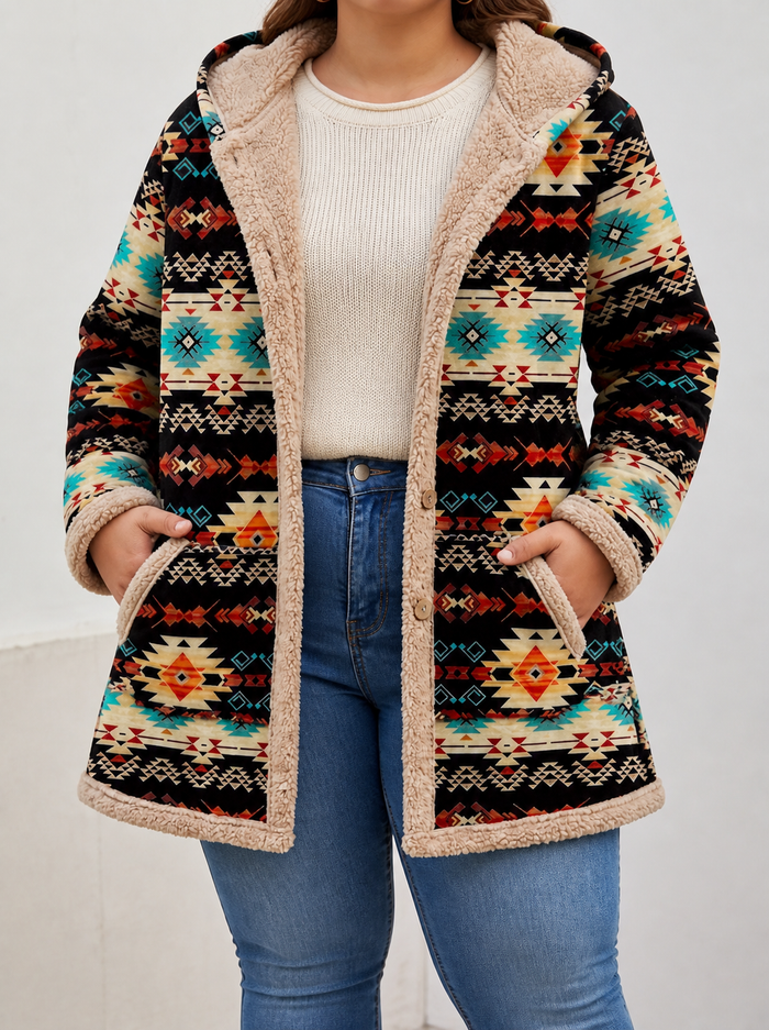 Dames Gevoerde Vest met Capuchon en Azteeks Patroon