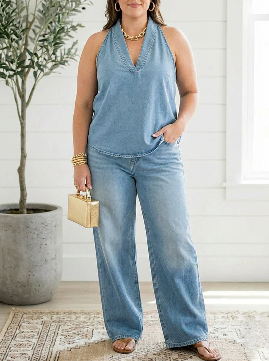 Junia | Vintage Gewassen Zachte Denim-Look Twee-Delige Set