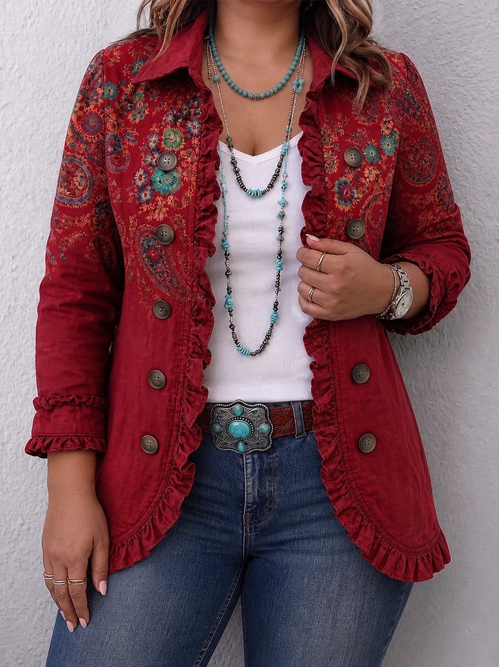 Dames Bohemian Paisley Jas met Ruches en Dubbele Rij Knopen