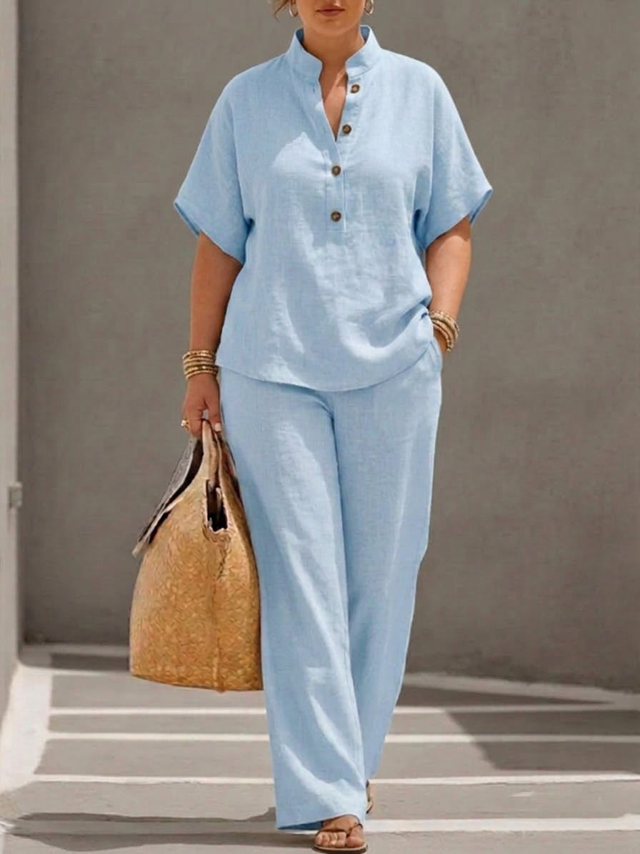 Wanda | Co-ord Set Twee-delige Linnen-Effect Met Batwing Mouwen &amp; Vloeiende Broek