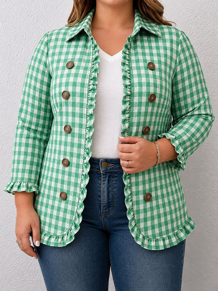Dames Geruite Jas met Ruchedetails en Knoopsluiting