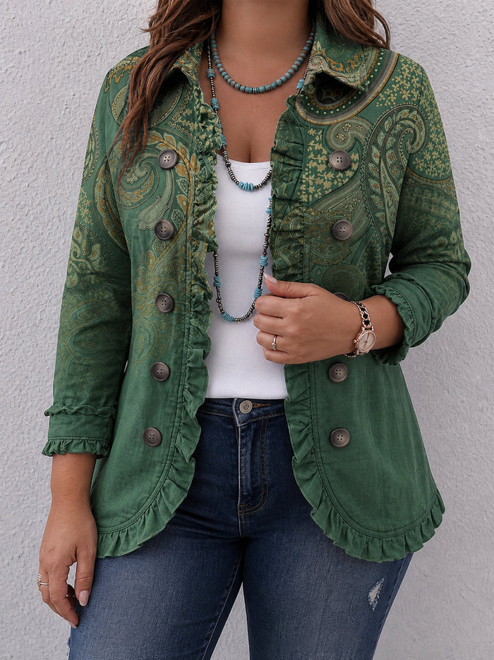 Dames Paisley Jasje met Ruffles en Dubbele Knopenrij