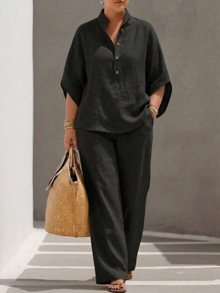 Wanda | Co-ord Set Twee-delige Linnen-Effect Met Batwing Mouwen &amp; Vloeiende Broek