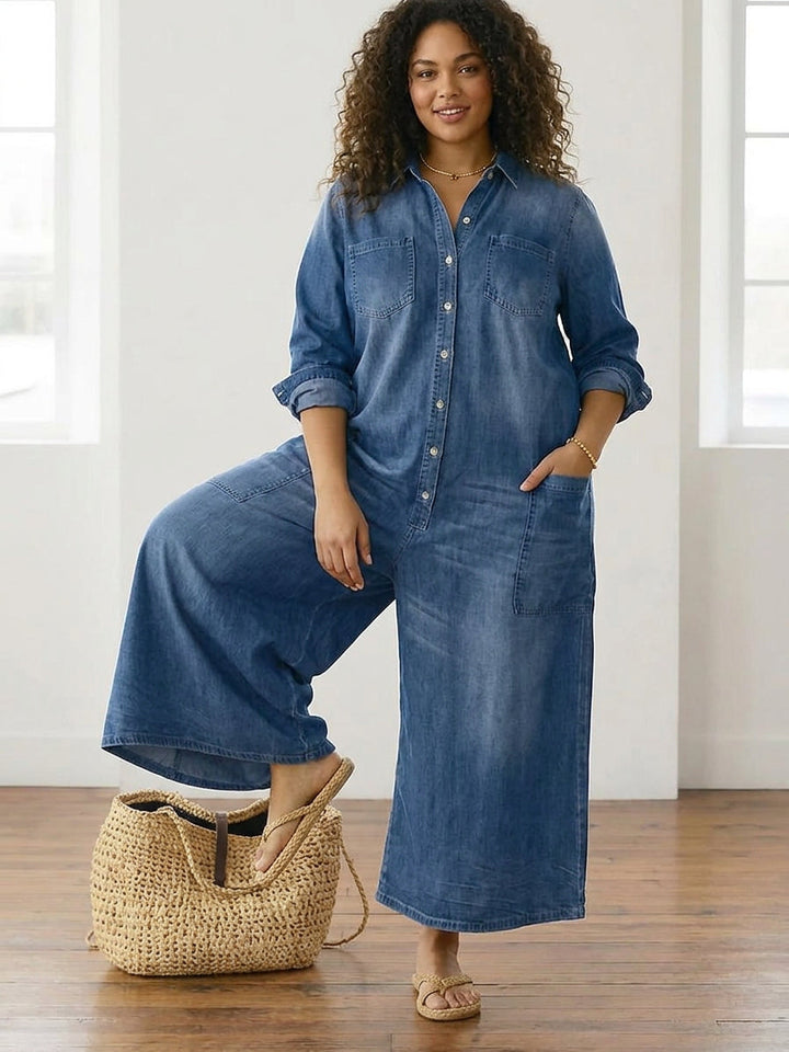 Parel | Vintage Gewassen Zachte Katoenen Denim Jumpsuit met Knopsluiting