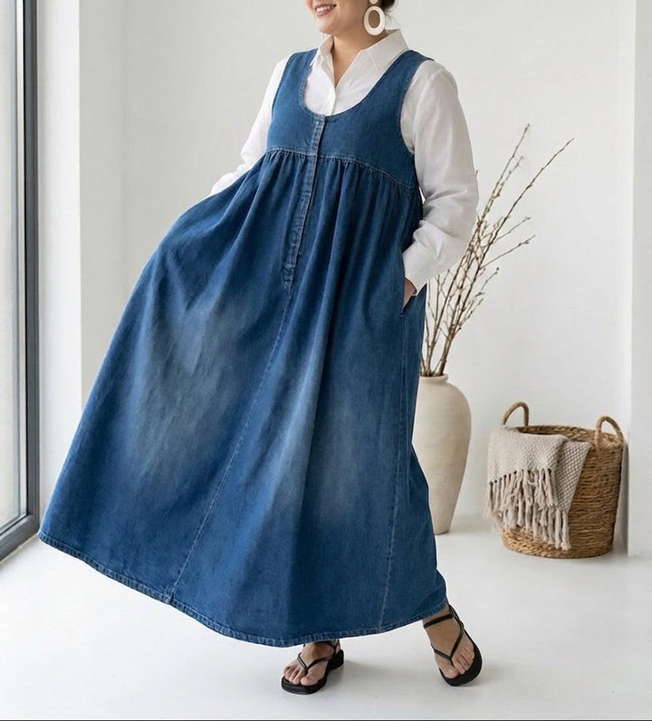 Sasha | Vintage Gewassen Zachte Katoenen Denim Maxi Jurk