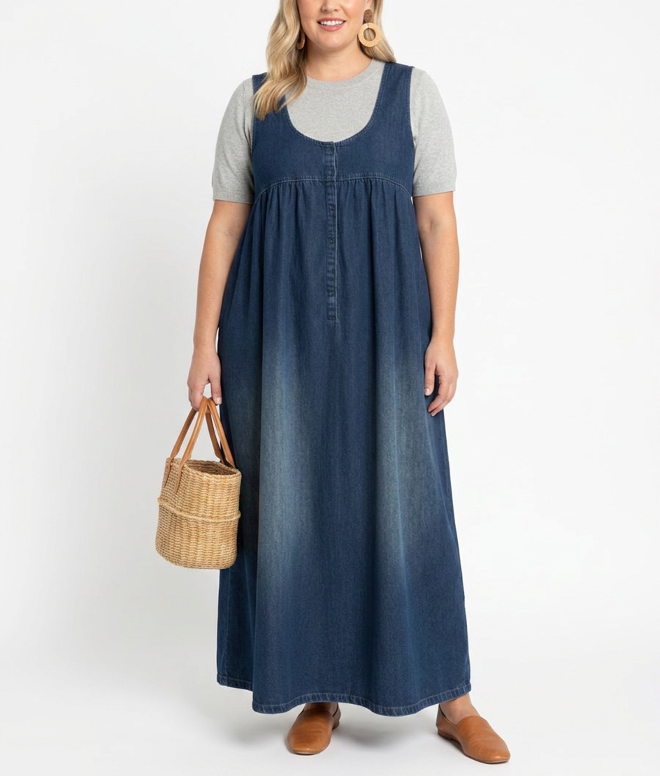 Sasha | Vintage Gewassen Zachte Katoenen Denim Maxi Jurk