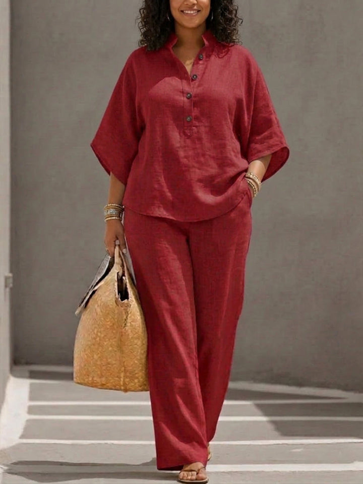 Wanda | Co-ord Set Twee-delige Linnen-Effect Met Batwing Mouwen &amp; Vloeiende Broek