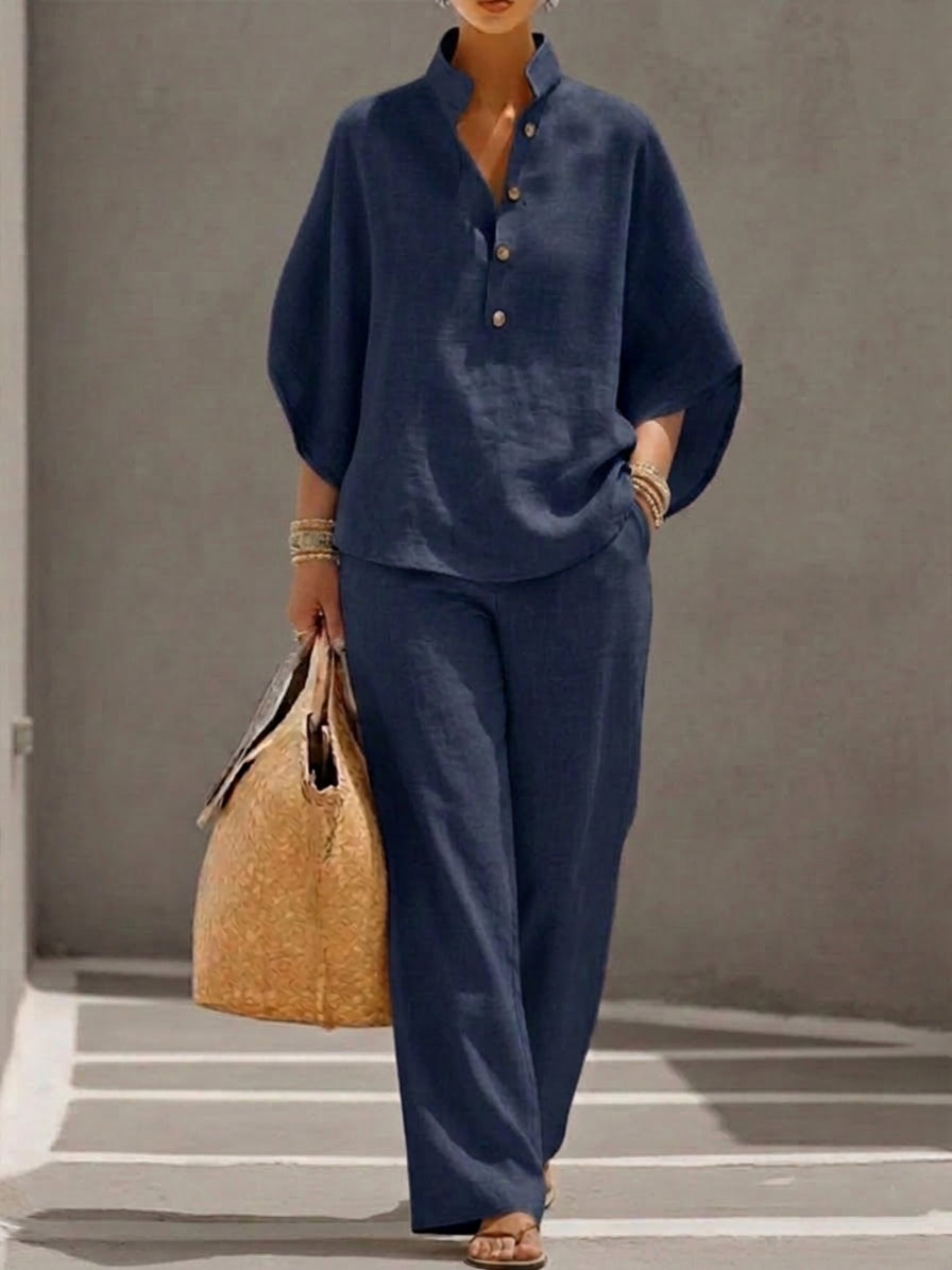 Wanda | Co-ord Set Twee-delige Linnen-Effect Met Batwing Mouwen &amp; Vloeiende Broek