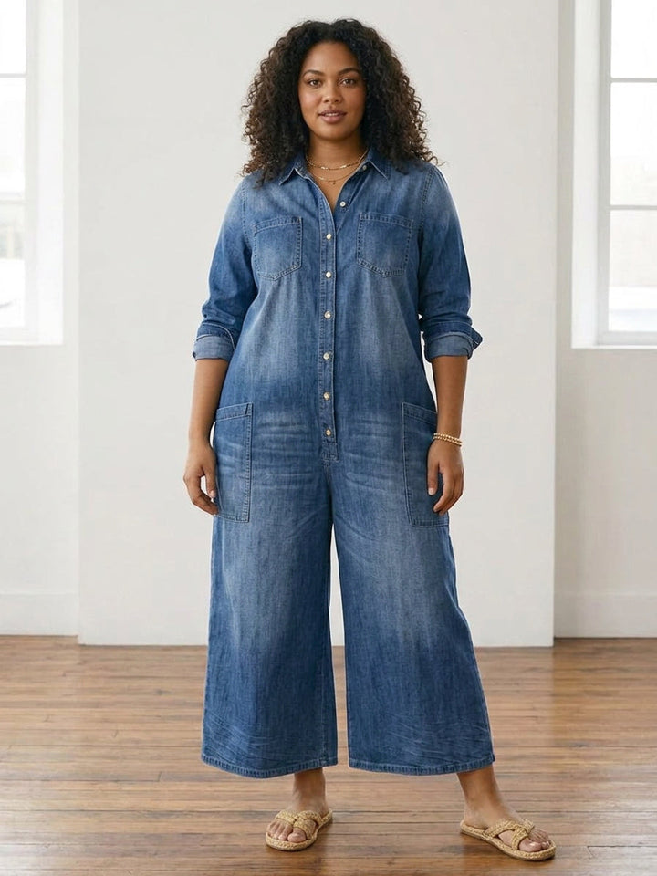 Parel | Vintage Gewassen Zachte Katoenen Denim Jumpsuit met Knopsluiting