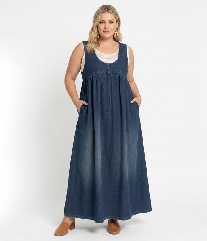 Sasha | Vintage Gewassen Zachte Katoenen Denim Maxi Jurk