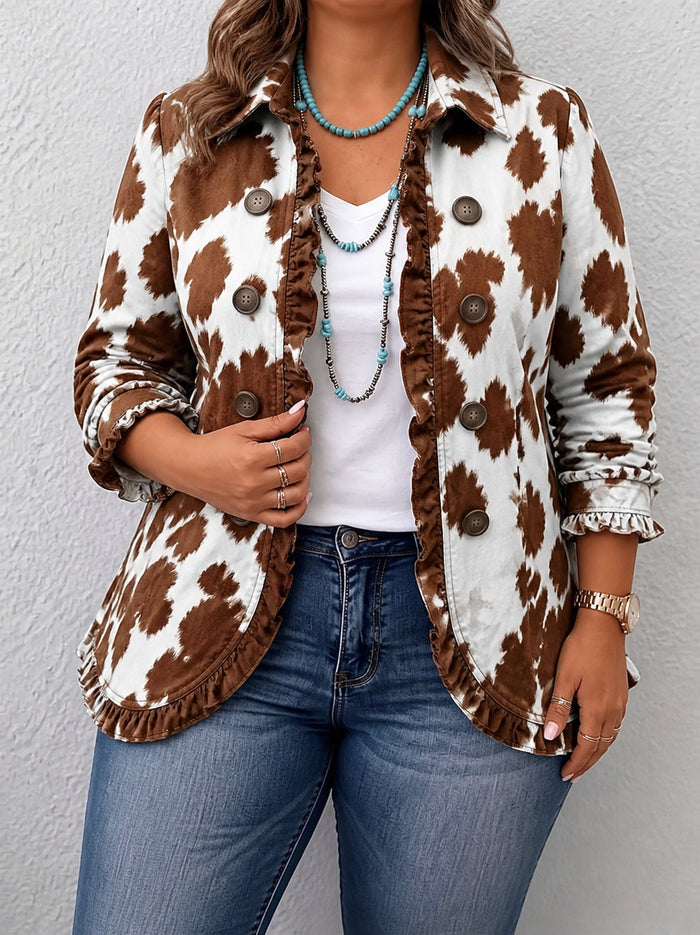 Dames Koeienprint Jasje met Ruchedetail en Knopen