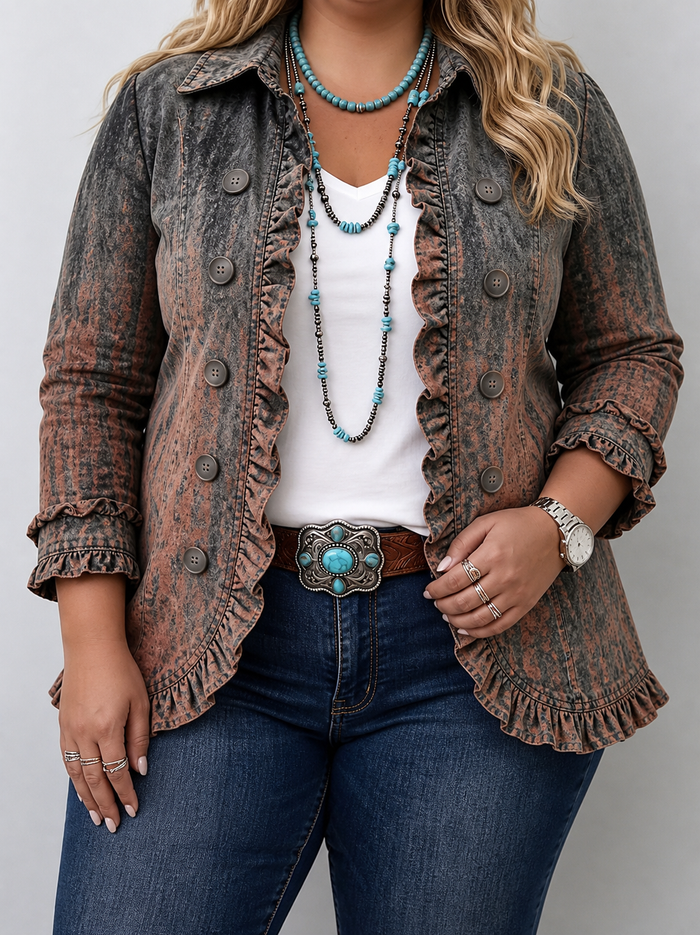 Dames Vintage Gradient Jasje met Ruches en Dubbele Knopenrij
