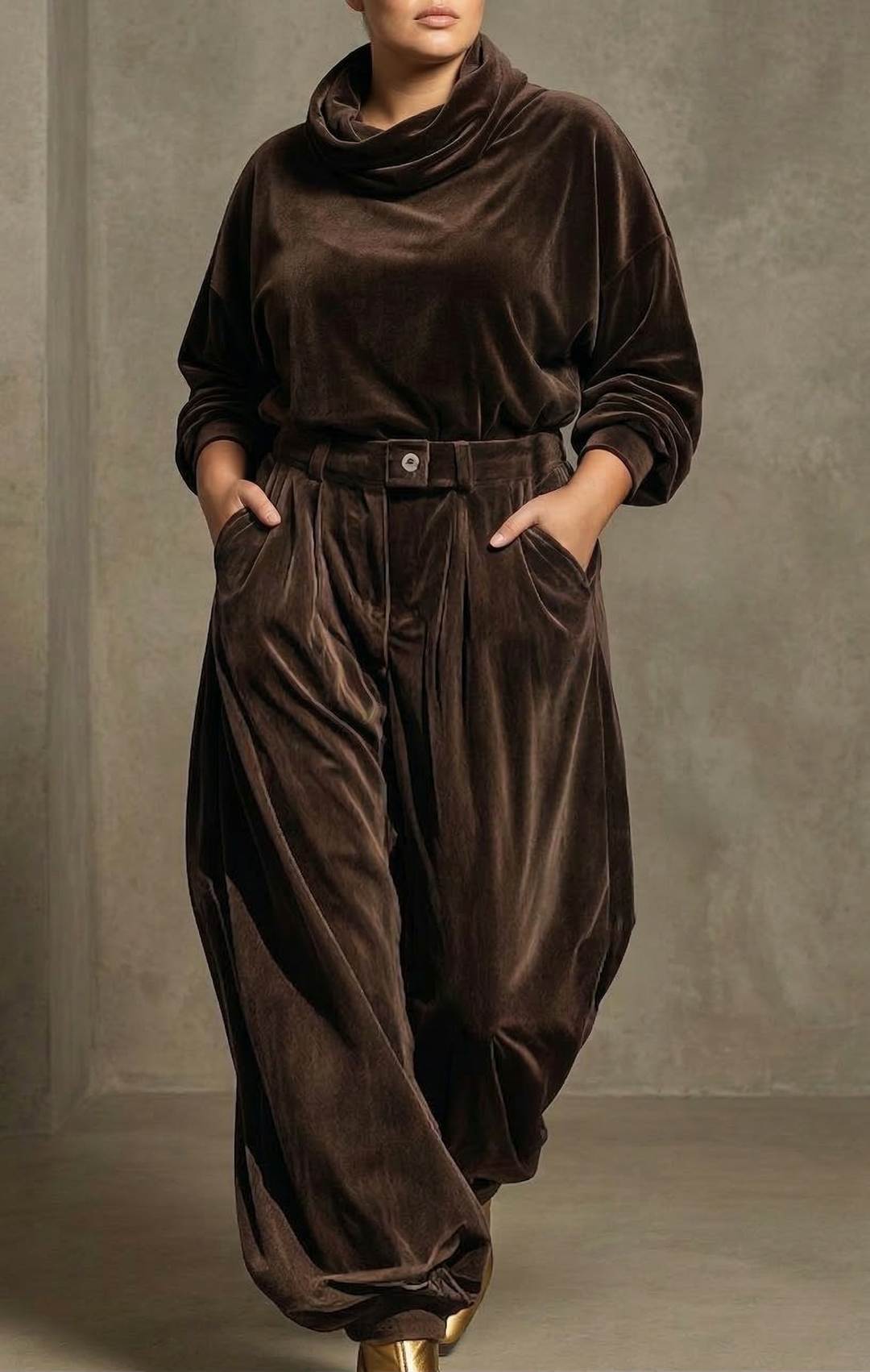 Vintage bruine fluwelen hoodie en losse broek set (Inclusief riem)