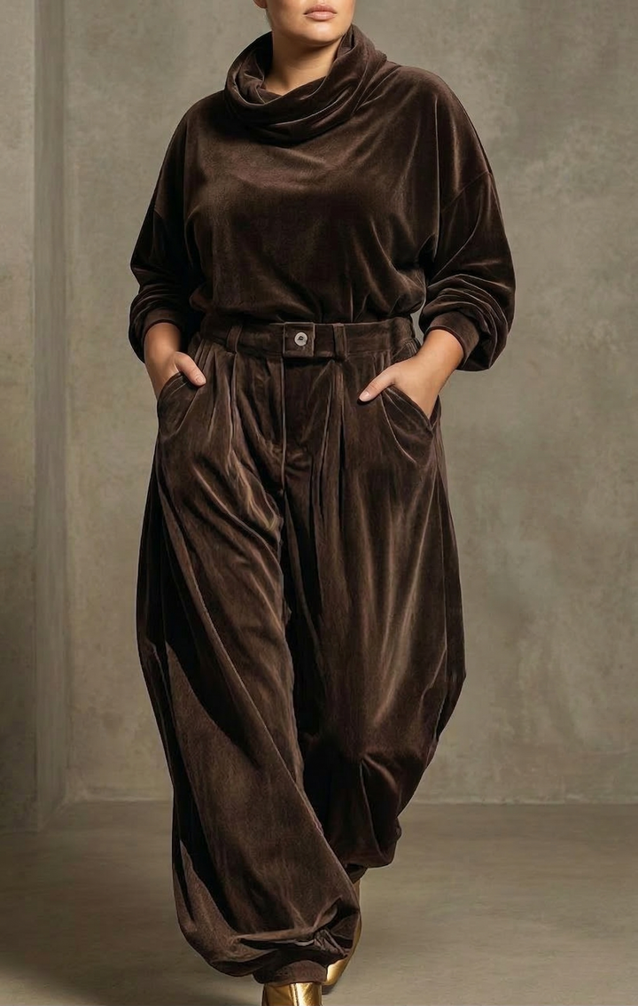 Vintage bruine fluwelen hoodie en losse broek set (Inclusief riem)