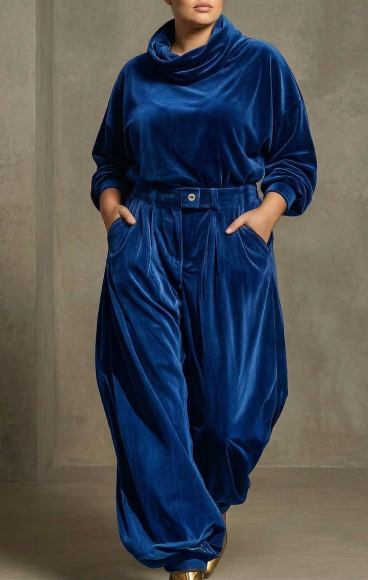 Vintage bruine fluwelen hoodie en losse broek set (Inclusief riem)