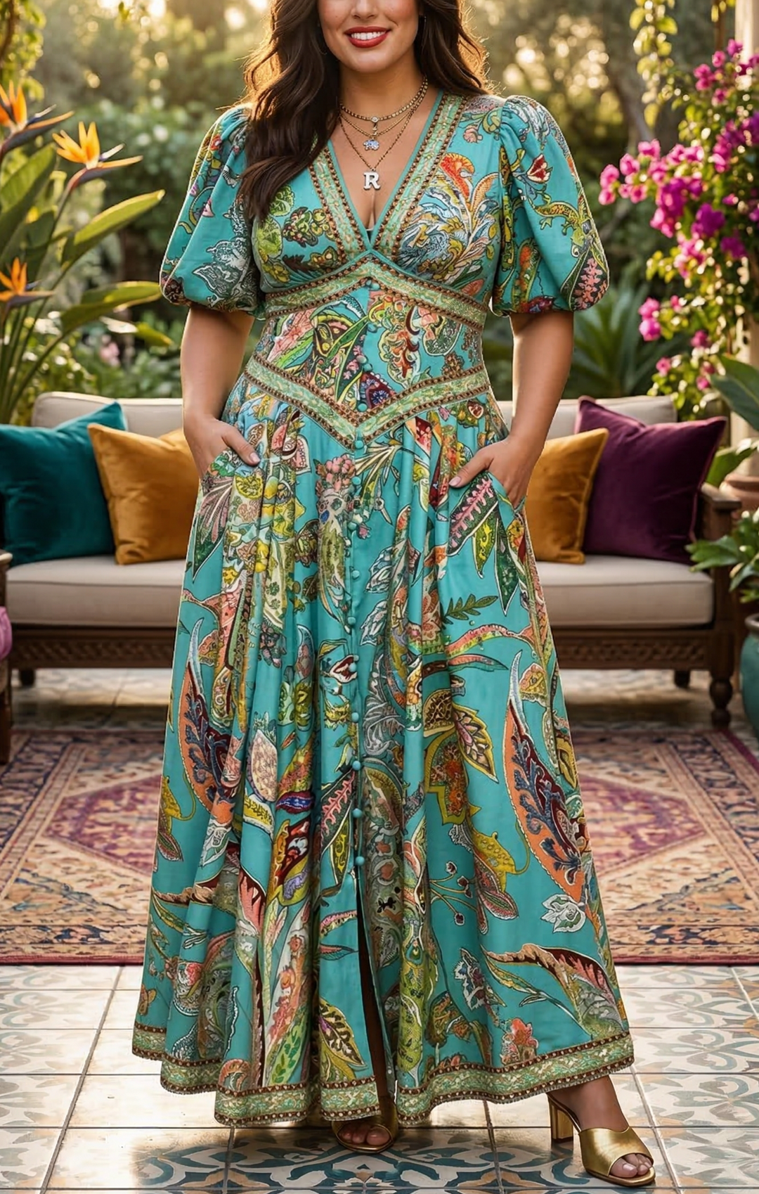 Lowri Quinn | Luchtige maxi-jurk met pofmouwen en V-hals