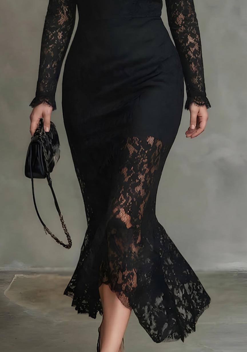Elegante Zwarte Rekbare Kant Vissstaart Maxi Jurk
