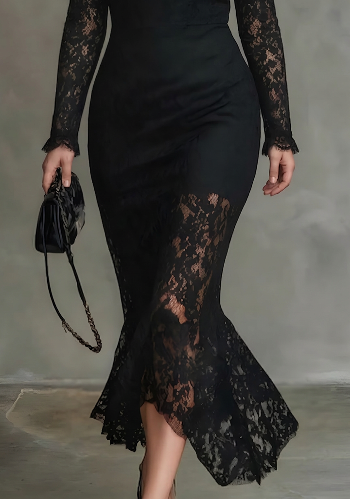 Elegante Zwarte Rekbare Kant Vissstaart Maxi Jurk