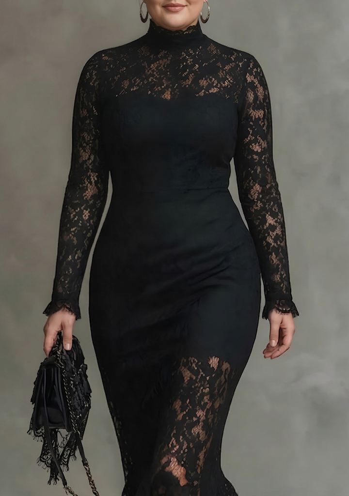 Elegante Zwarte Rekbare Kant Vissstaart Maxi Jurk